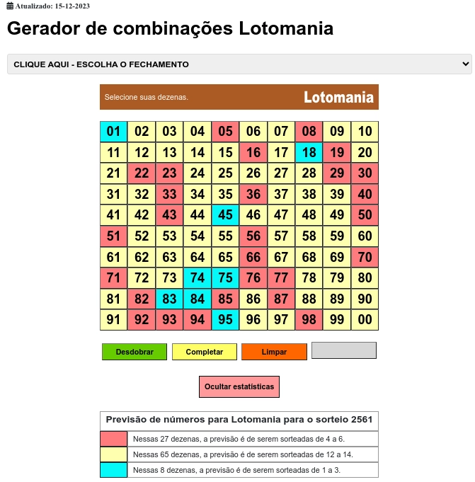 Gerador online de combinações para Lotomania